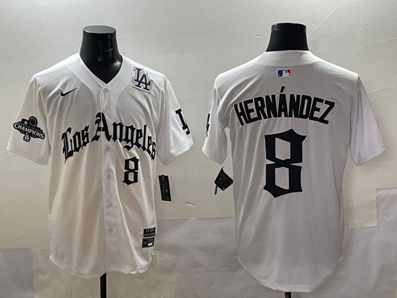 Men 2025 Los Angeles Dodgers #8 Hernandez White Five generations Joint Name Nike MLB Jersey style 5189